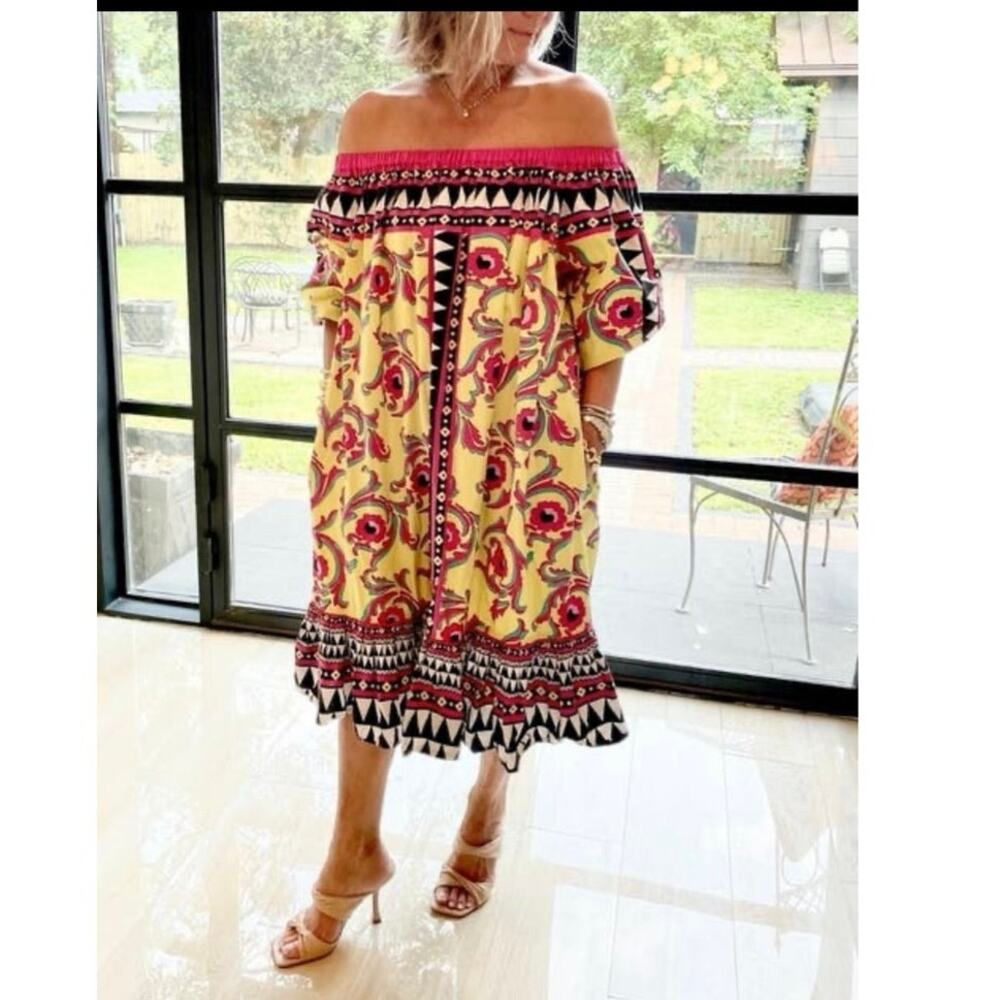 LA DOUBLEJ Yellow Paisley Mod Geo Print Three Quarter Sleeve Off Shoulder Dress